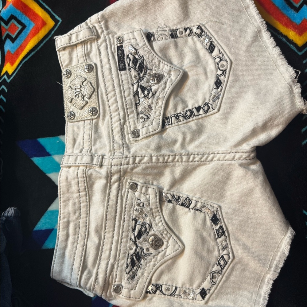 Miss Me White Jean Shorts with Black Embellishments